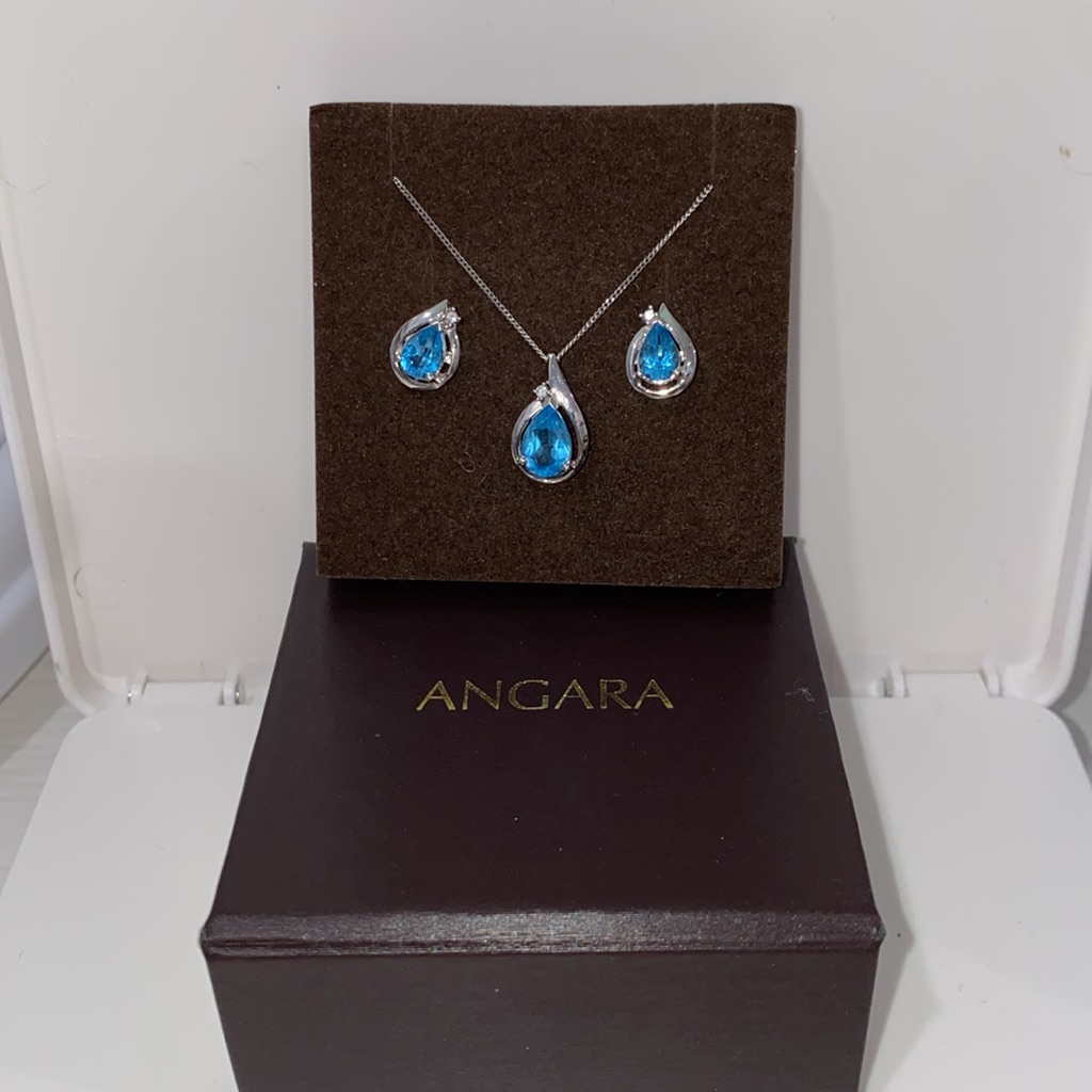 Angara Swiss Blue Topaz & Diamond Necklace & And Studded Earrings